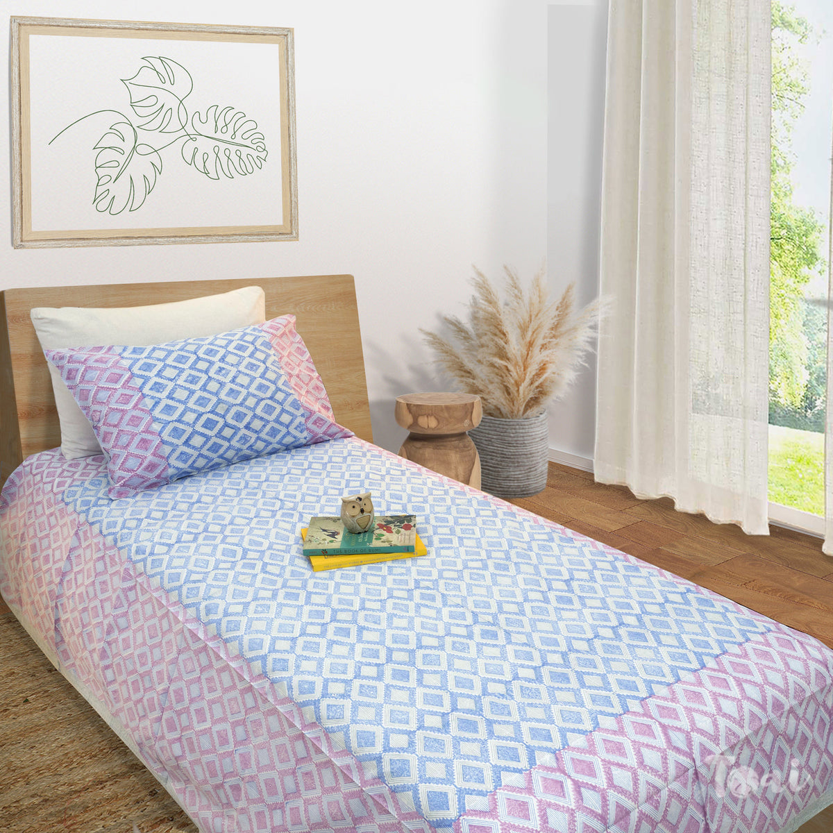 Vintage Lines Checks |Blue Pink| Premium Bedsheet