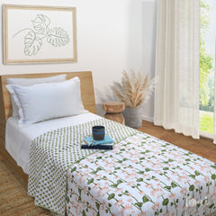 Orange Green Lotus | Pure Mulmul Cotton | Flannel filling