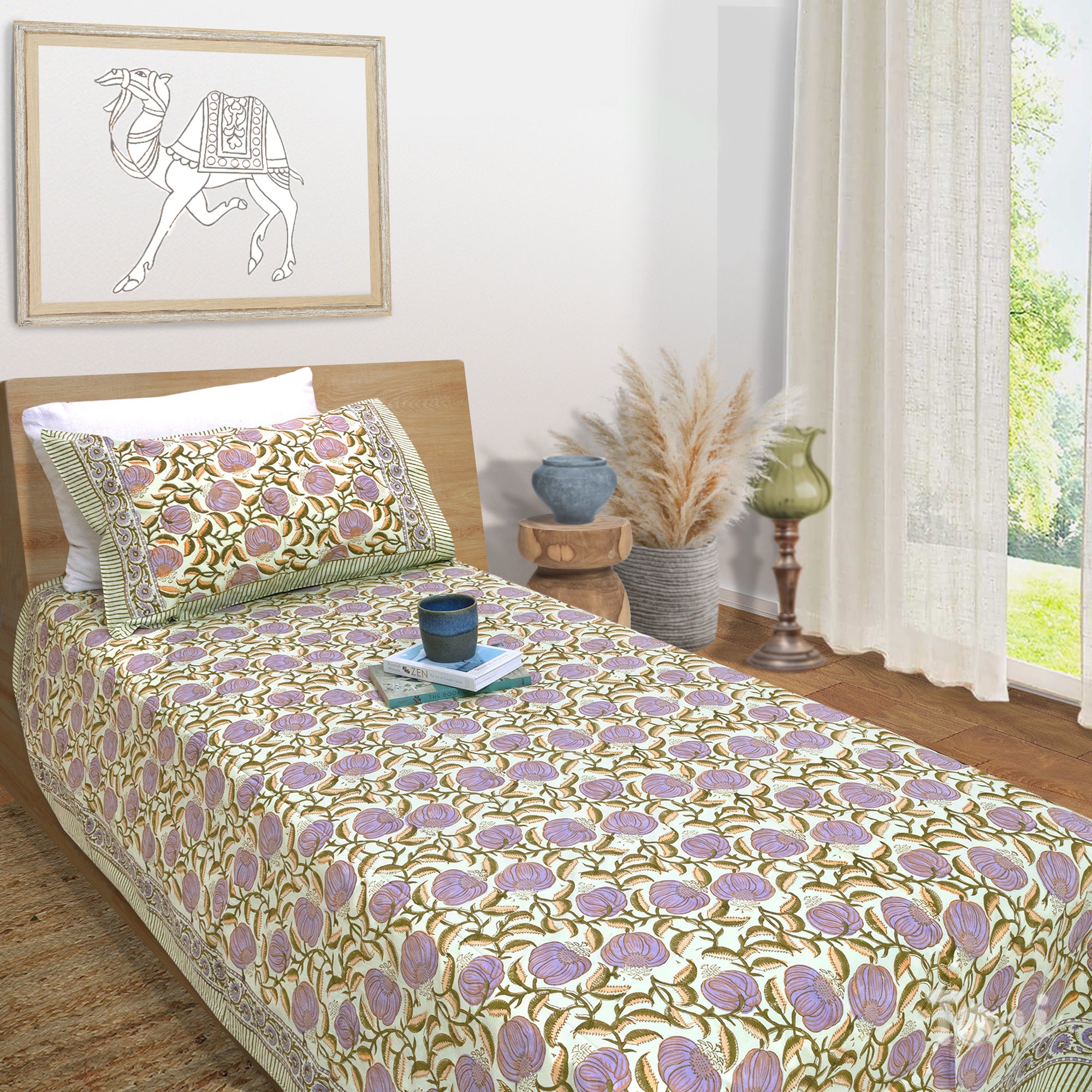 Round Flowers on Green |All- Season Bedding Set | Long Staple Fiber Bedsheet , Pillow Covers, Dohar
