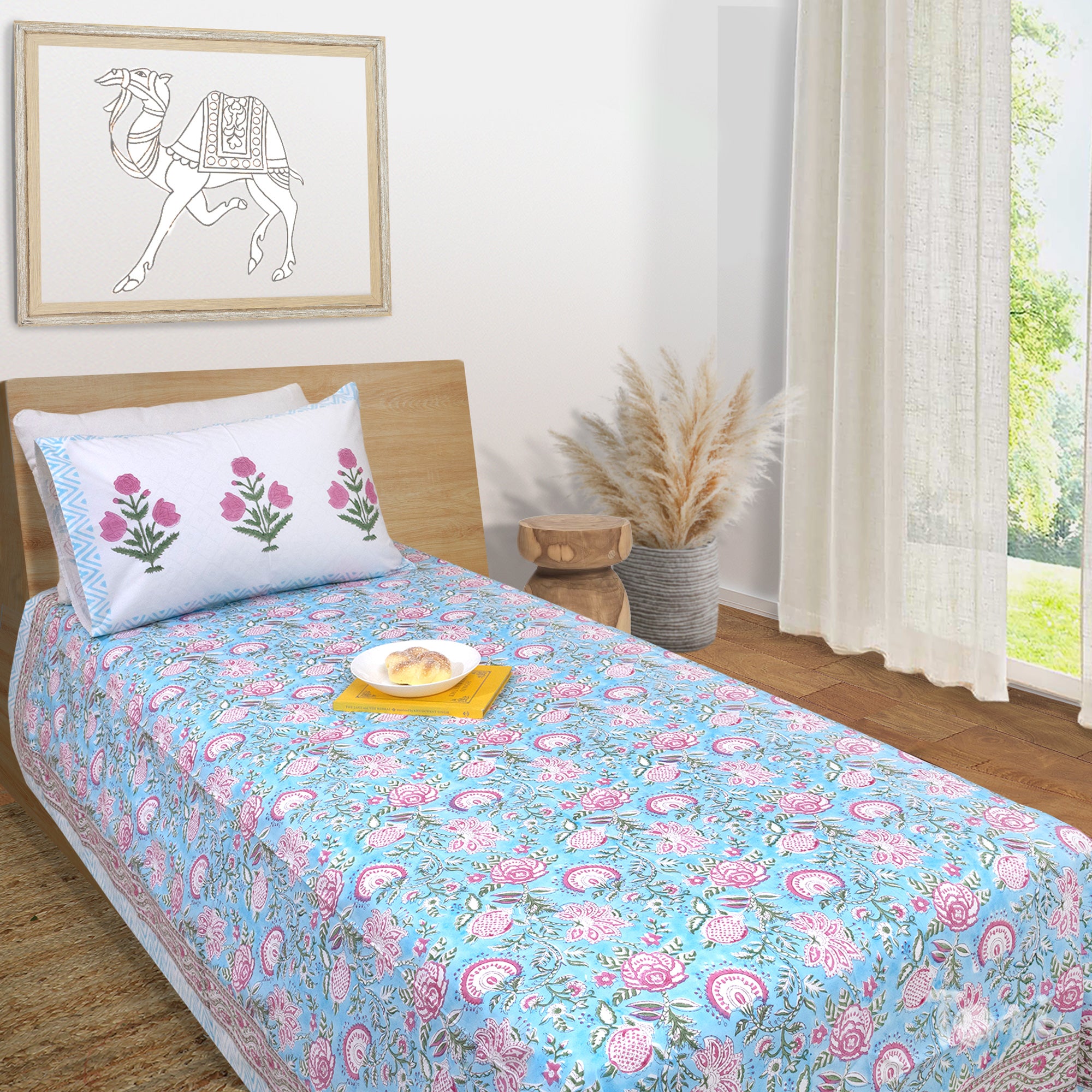 Pink Florals on Blue  |  Premium Bedsheet