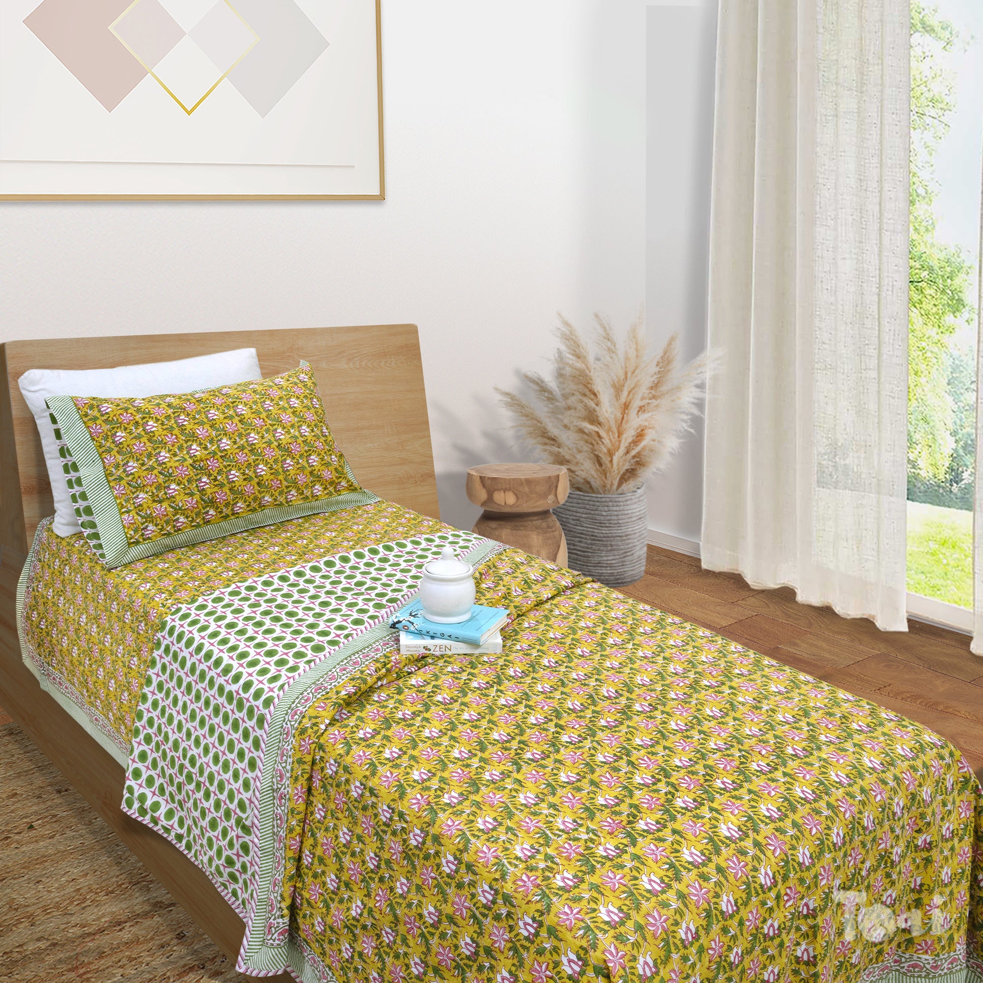 Pink Floral Pond | All- Season Bedding Set | Long Staple Fiber Bedsheet , Pillow Covers, Dohar