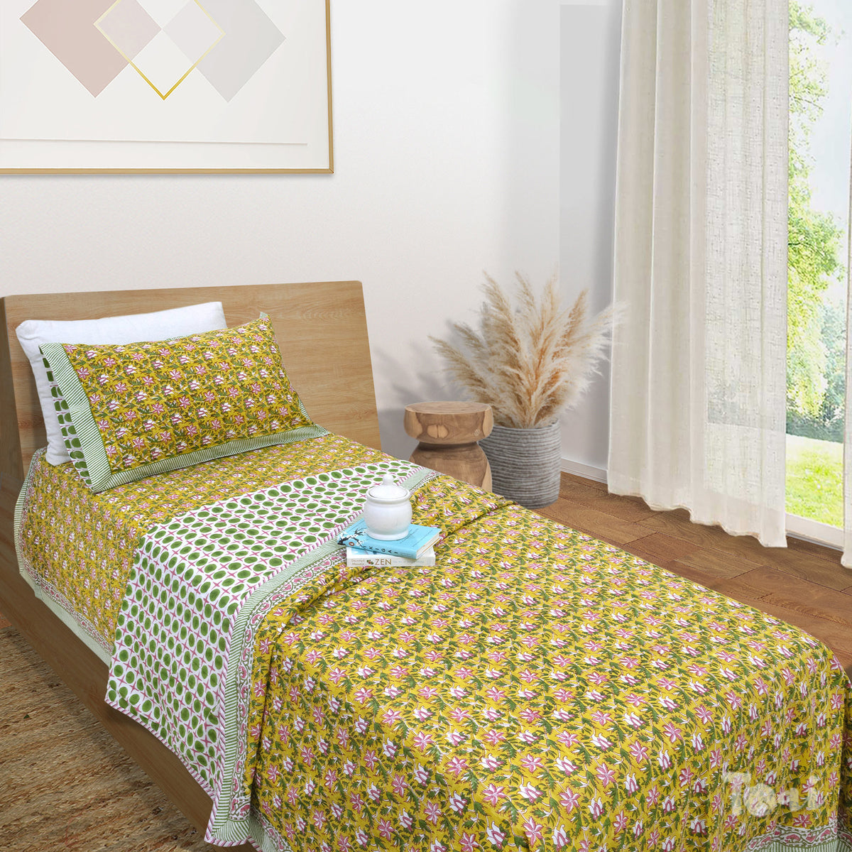 Pink Floral Pond | All- Season Bedding Set | Long Staple Fiber Bedsheet , Pillow Covers, Dohar