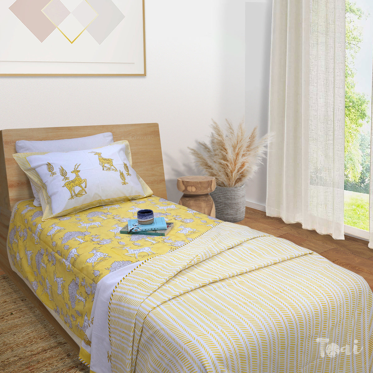 Yellow Deer | All- Season Bedding Set | Premium Bedsheet , Pillow Covers, Dohar