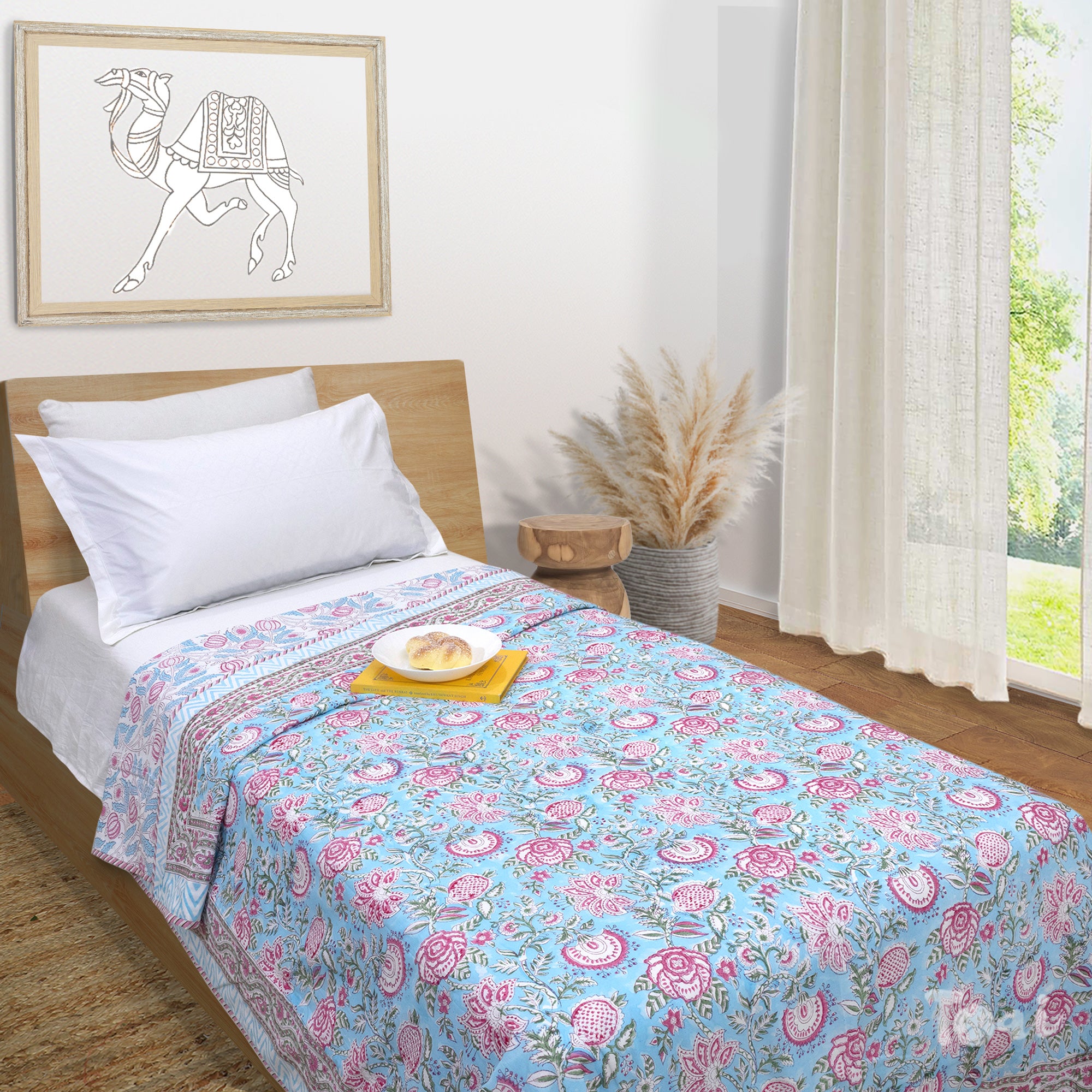 Pink Florals on Blue   | Dohar | Summer Blanket