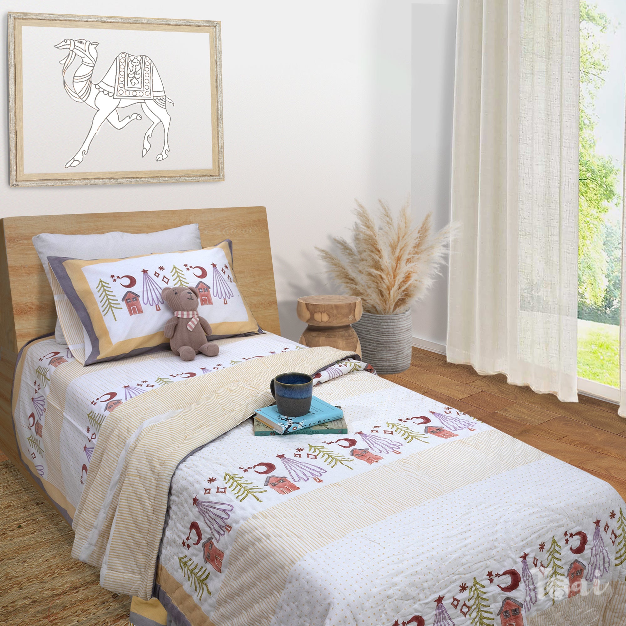 Yellow Polka |Comforter Bedding Set | Premium Bedsheet , Pillow Covers, Quilt / Razai