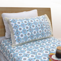 Small Blue Jaal | 300TC Bedsheet | 2 Pillow Covers | Mulmul Cotton Quilt