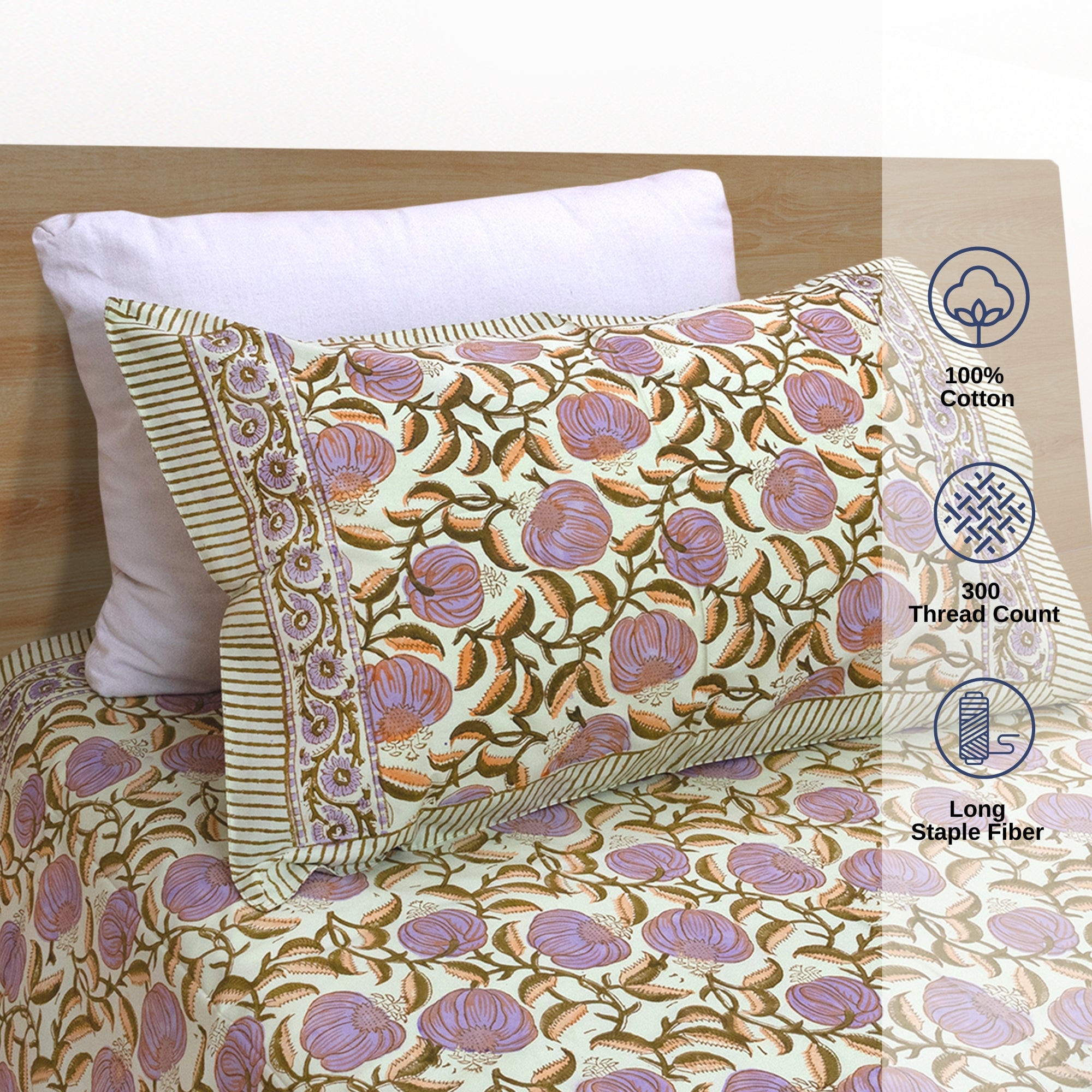 Round Flowers on Green |All- Season Bedding Set | Long Staple Fiber Bedsheet , Pillow Covers, Dohar