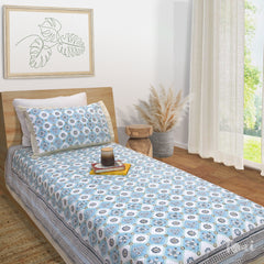 Small Blue Jaal | 300TC Bedsheet | 2 Pillow Covers | Mulmul Cotton Quilt