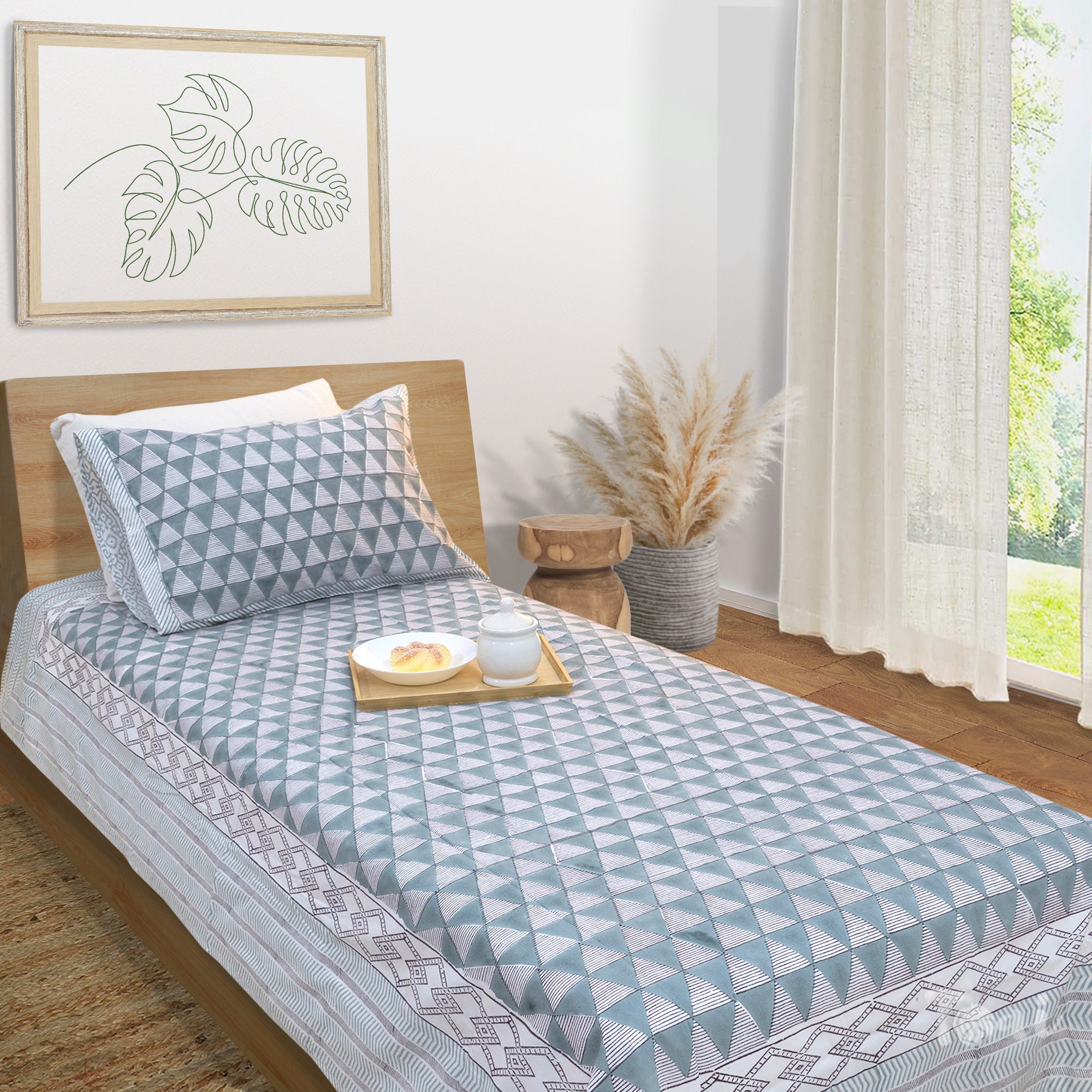 Cement Green Triangles | All- Season Bedding Set | Premium Bedsheet , Pillow Covers, Dohar