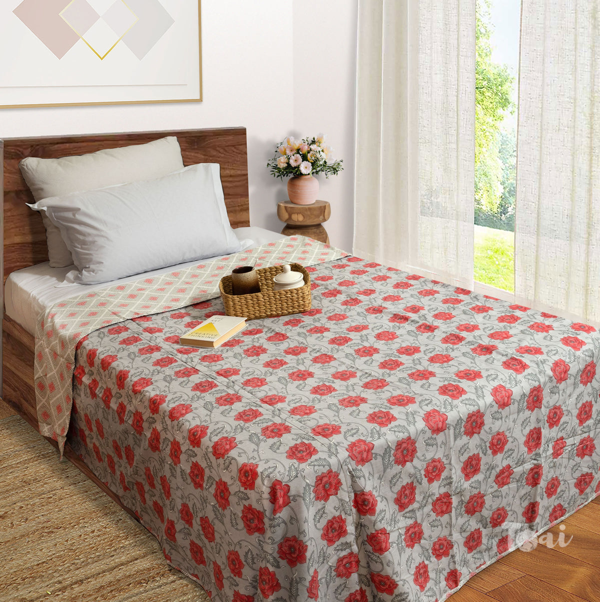 Red Rose on Grey | Jaipuri Screen printed| Single Dohar | Premium Mulmul Cotton | Reversible