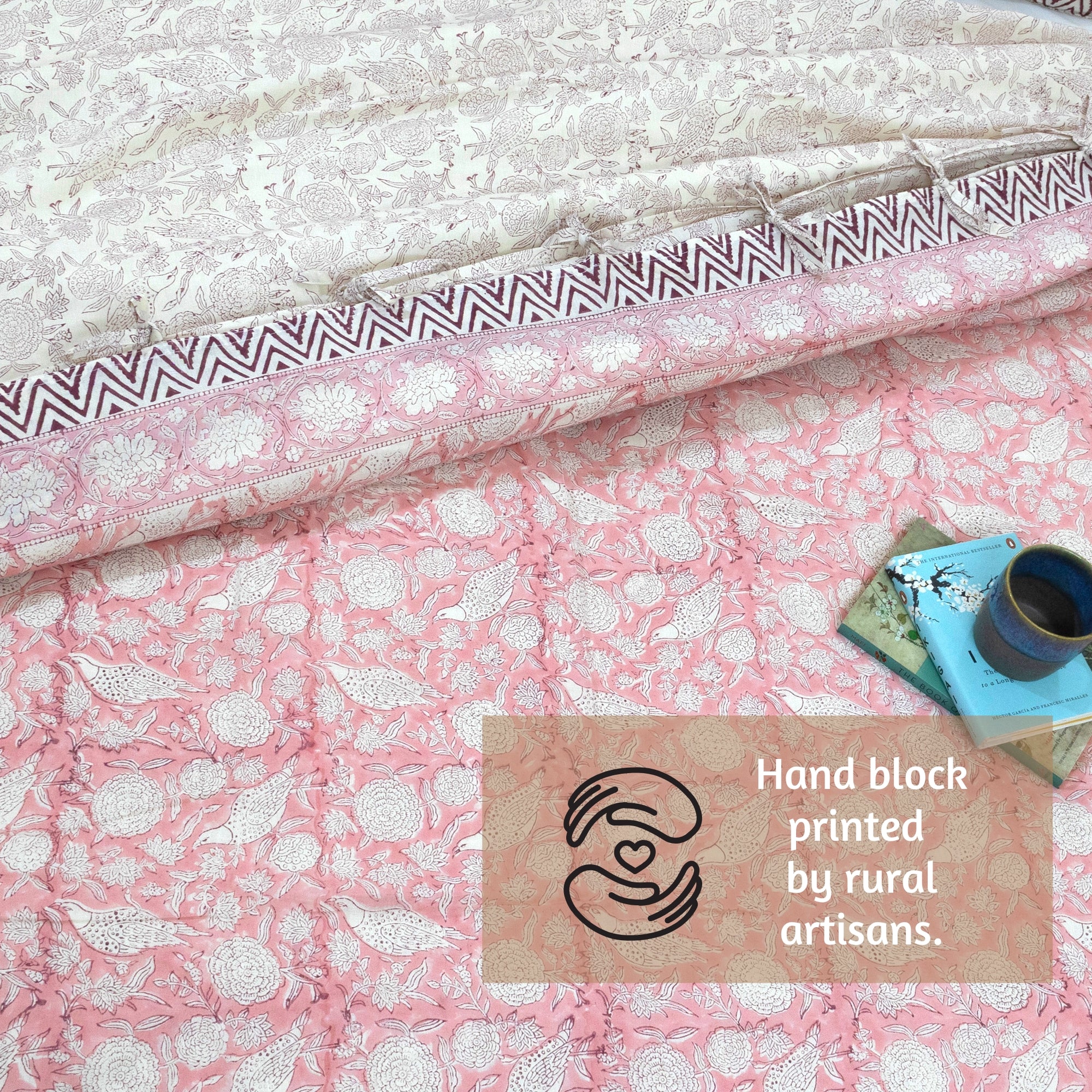 Pink Bird Kalamkari | Quilt Duvet Cover with Pillow Covers