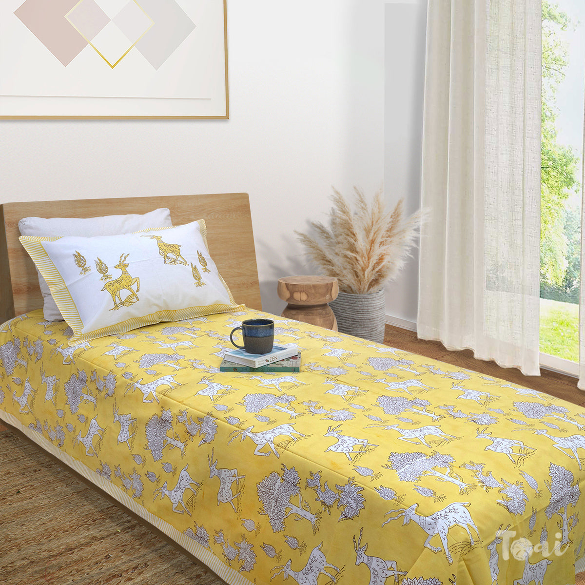 Yellow Deer | All- Season Bedding Set | Premium Bedsheet , Pillow Covers, Dohar