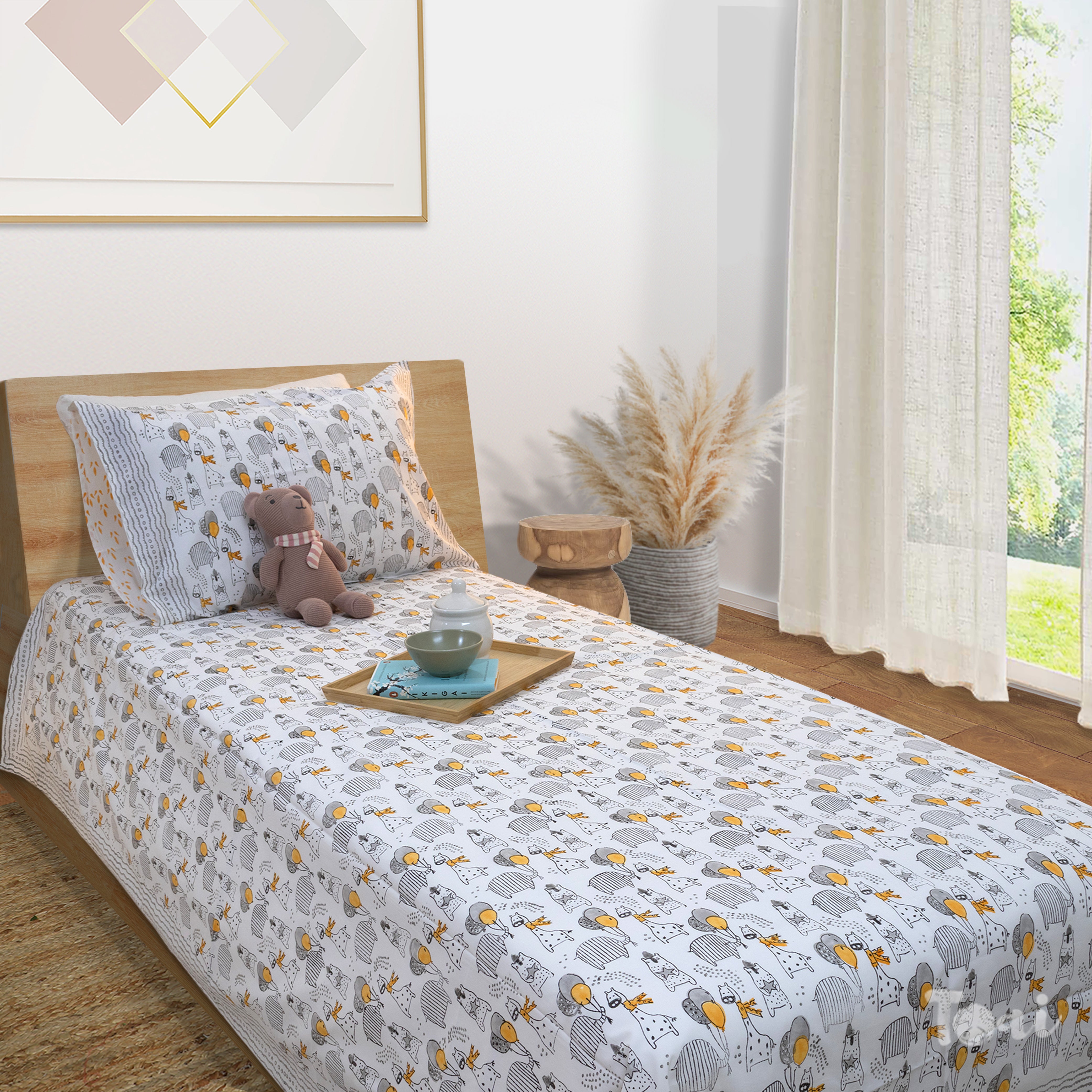 Grey Cartoon |  All- Season Bedding Set | Premium Bedsheet , Pillow Covers, Dohar