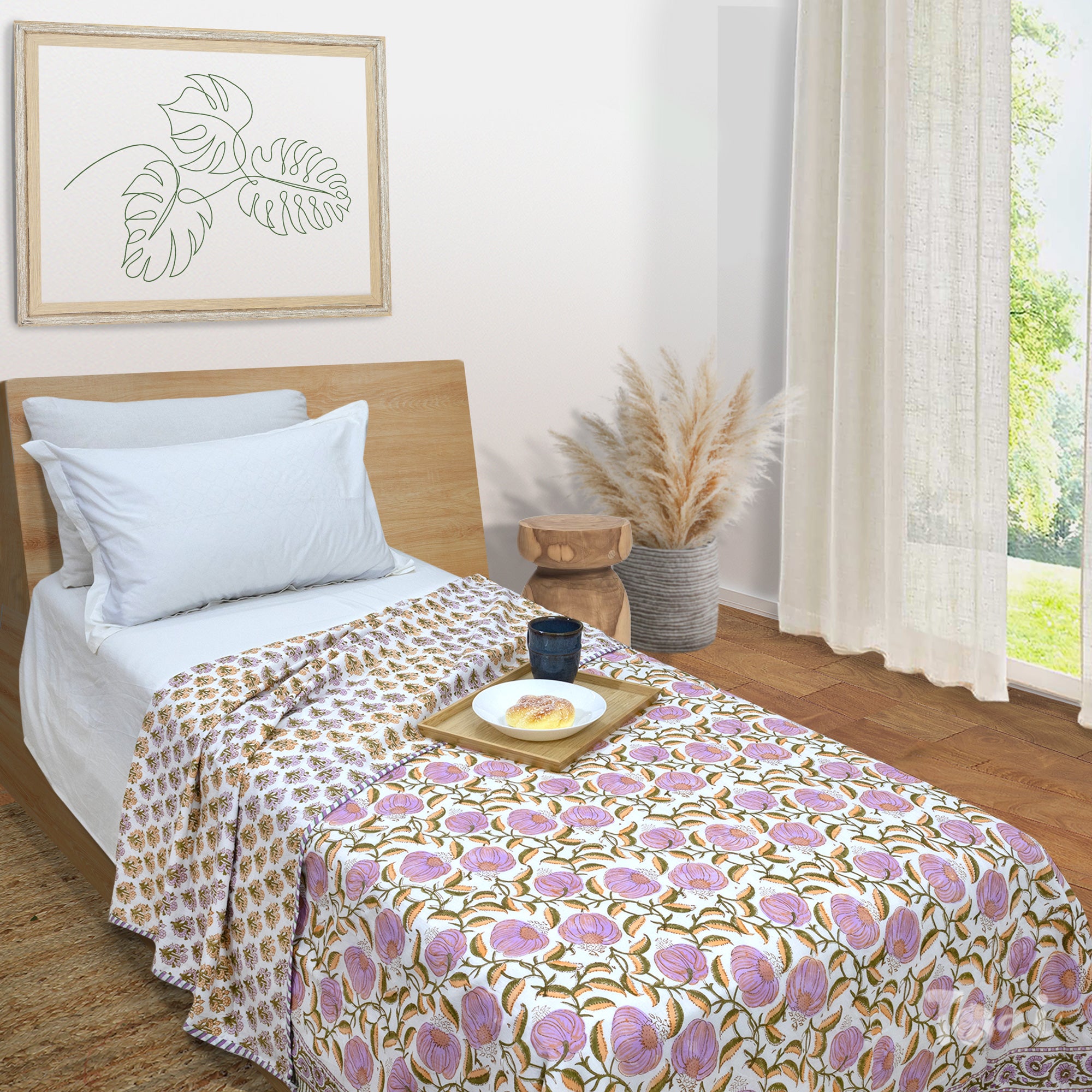 Round Flowers on Green |All- Season Bedding Set | Long Staple Fiber Bedsheet , Pillow Covers, Dohar