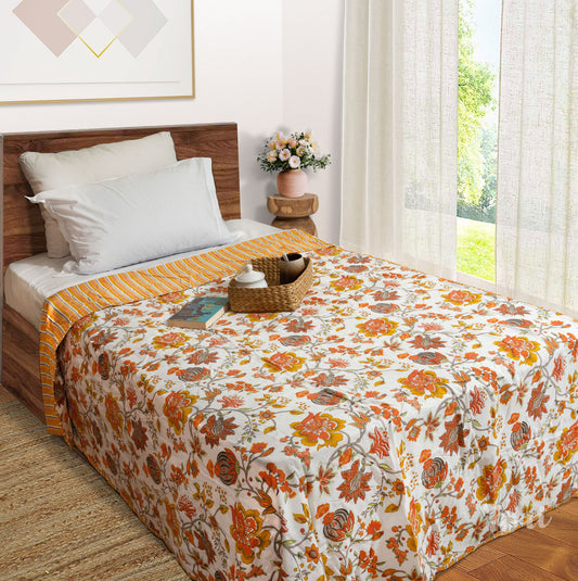 Yellow Orange Florals on White| Jaipuri Screen printed| Single Dohar | Premium Mulmul Cotton | Reversible