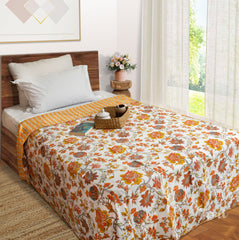 Yellow Orange Florals on White| Jaipuri Screen printed| Single Dohar | Premium Mulmul Cotton | Reversible