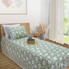 Green Kalamkari| 300TC Bedsheet | 2 Pillow Covers | Mulmul Cotton Dohar