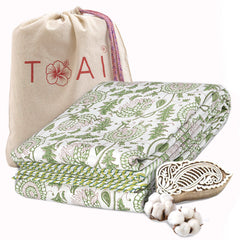 Floral Kalamkari White Green | Pure Mulmul Cotton | Flannel filling