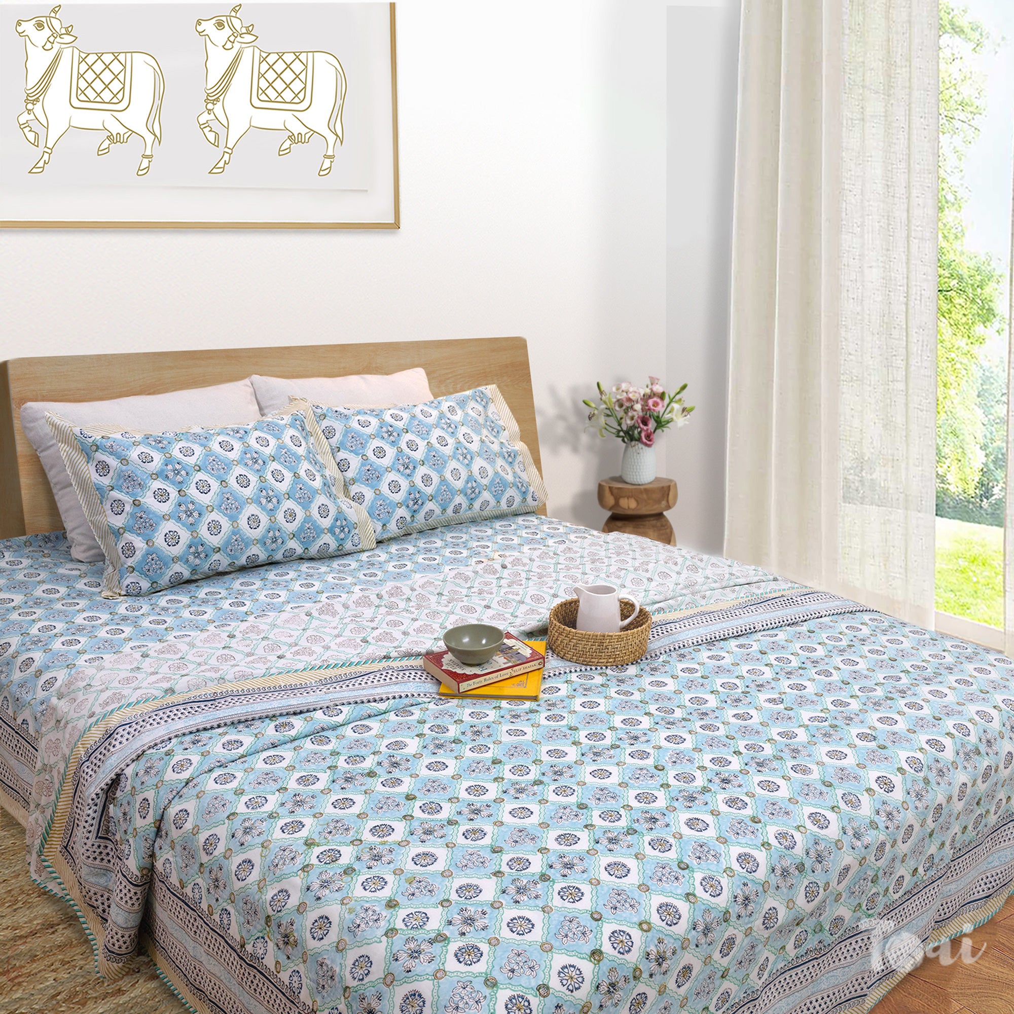 Small Blue Jaal | All- Season Bedding Set | Premium Bedsheet , Pillow Covers, Dohar