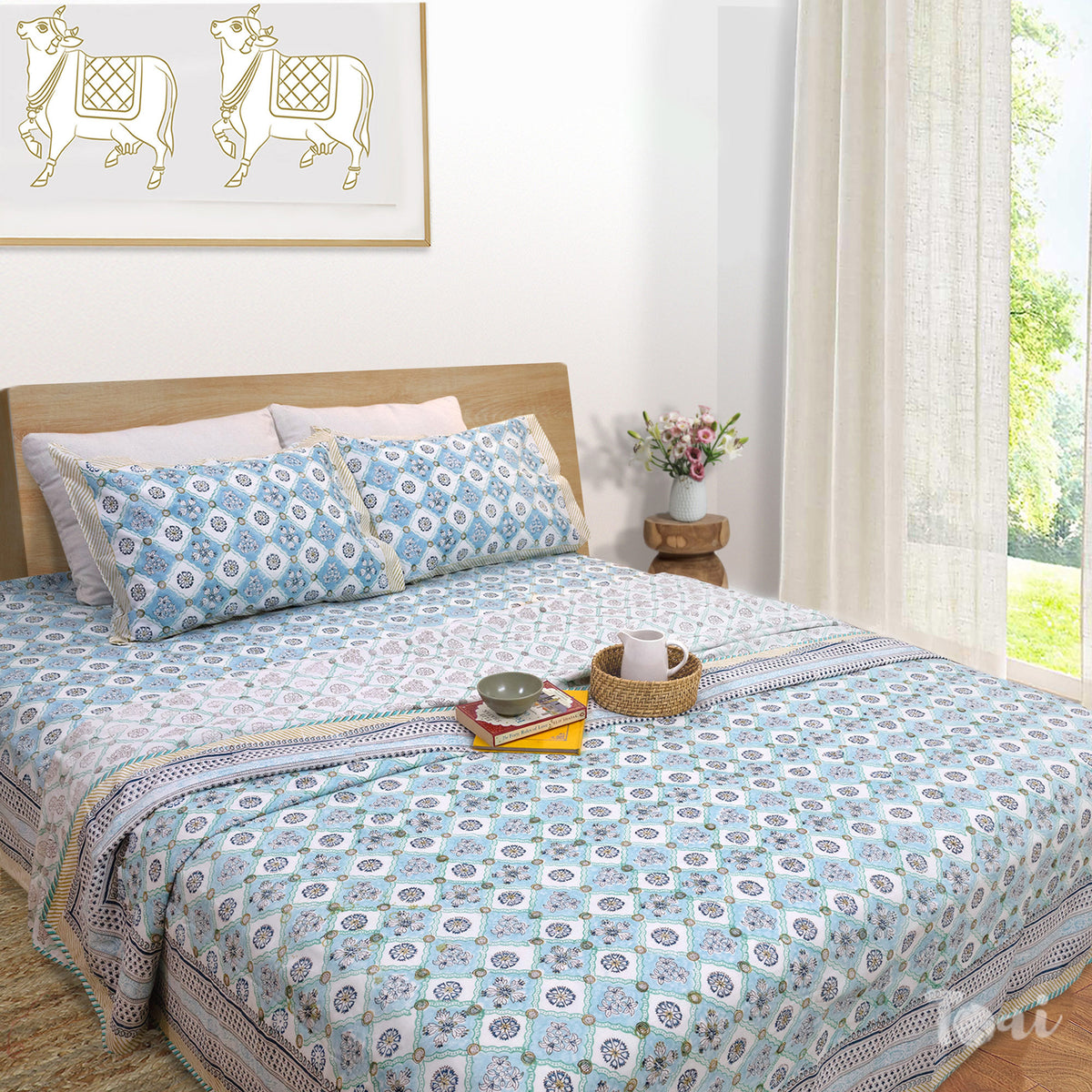 Small Blue Jaal | All- Season Bedding Set | Premium Bedsheet , Pillow Covers, Dohar