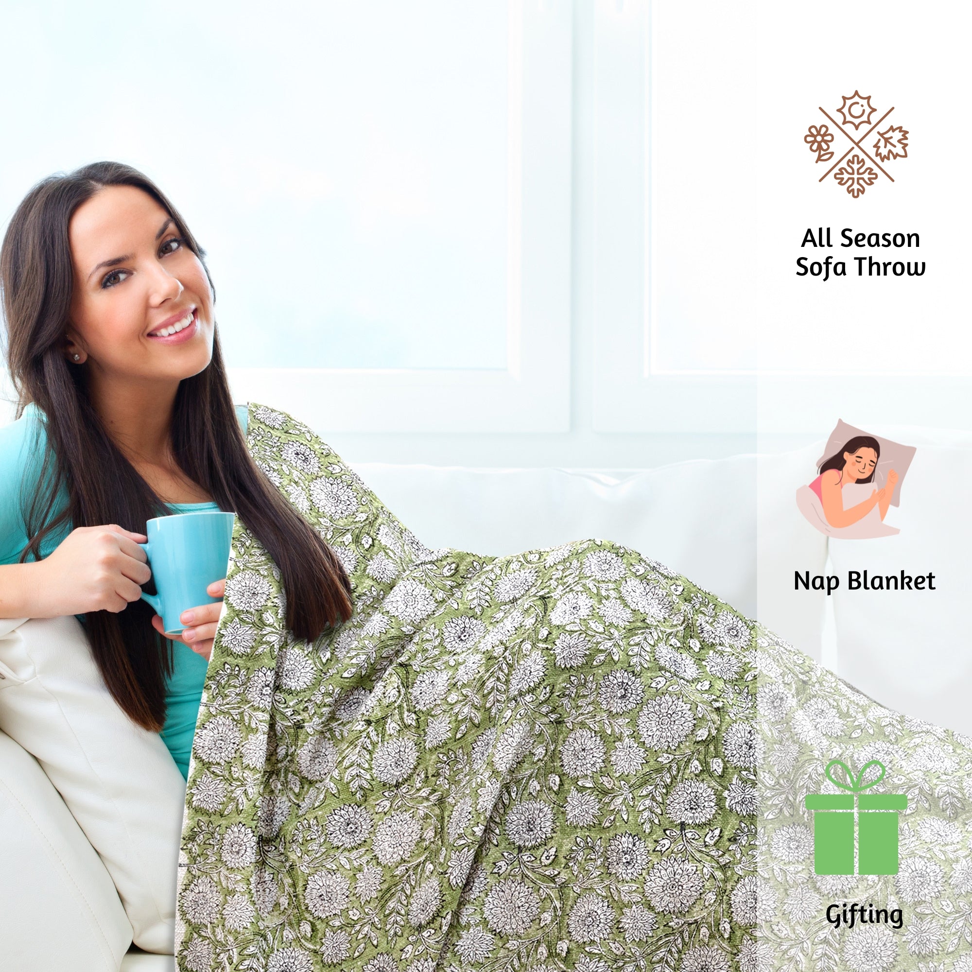 Florals on Light Green | MultiColor Florals | Woven Sofa Throw