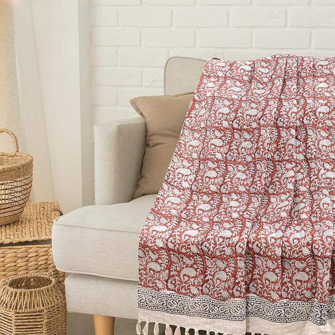 Ethnic on Rust Red| MultiColor Florals | Woven Sofa Throw