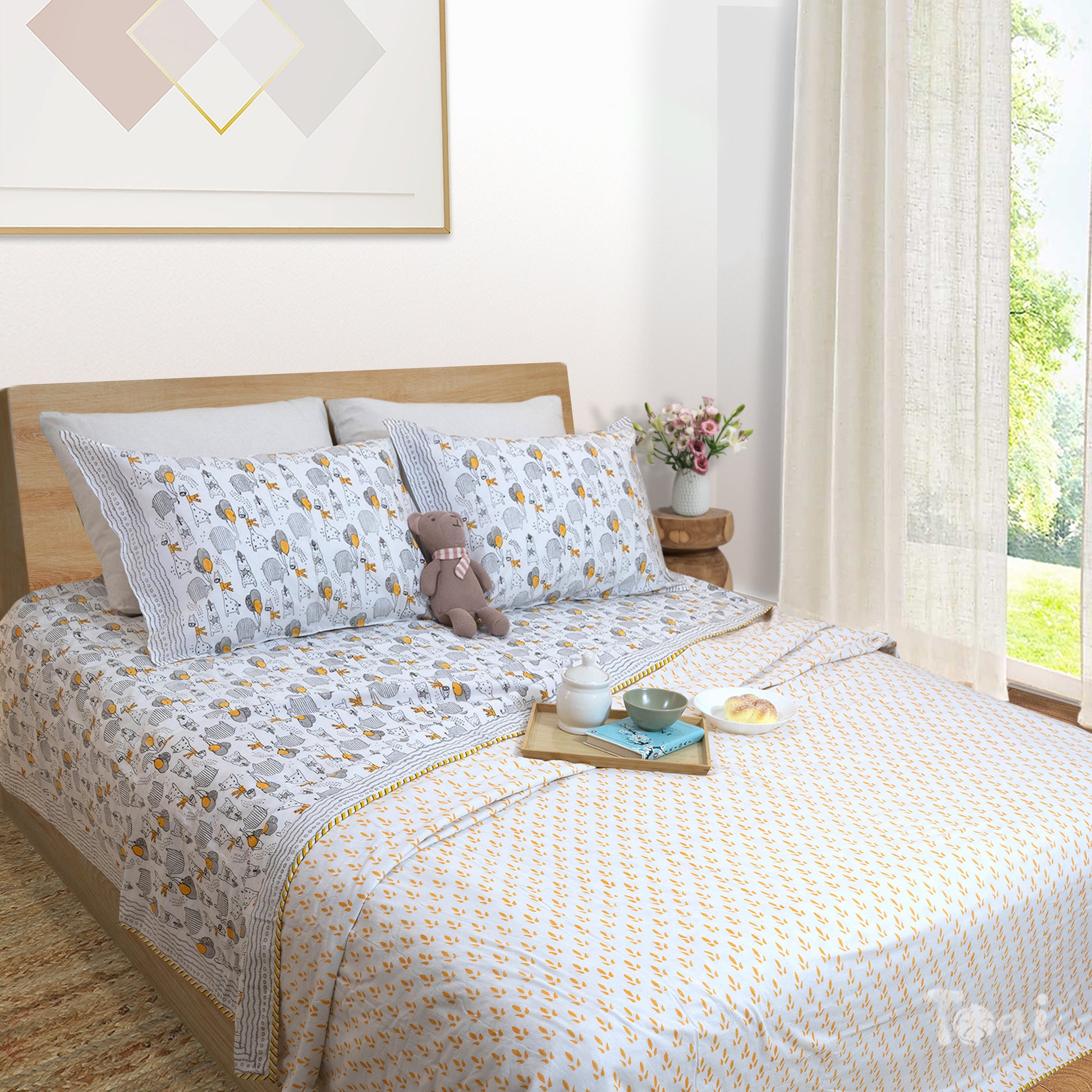 Grey Cartoon -Bedsheet with Dohar