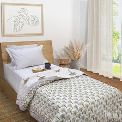 Palm Tree| 300TC Bedsheet | 2 Pillow Covers | Mulmul Cotton Quilt