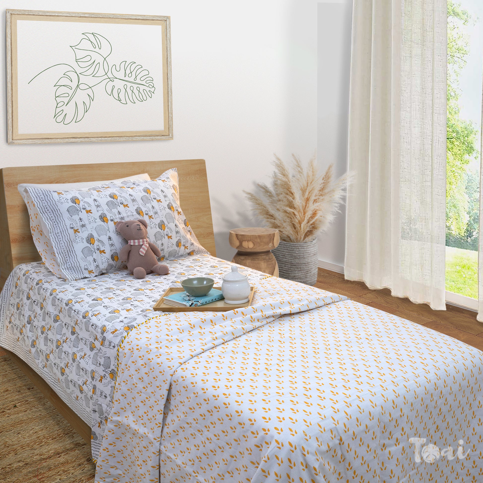 Grey Cartoon -Bedsheet with comfoter