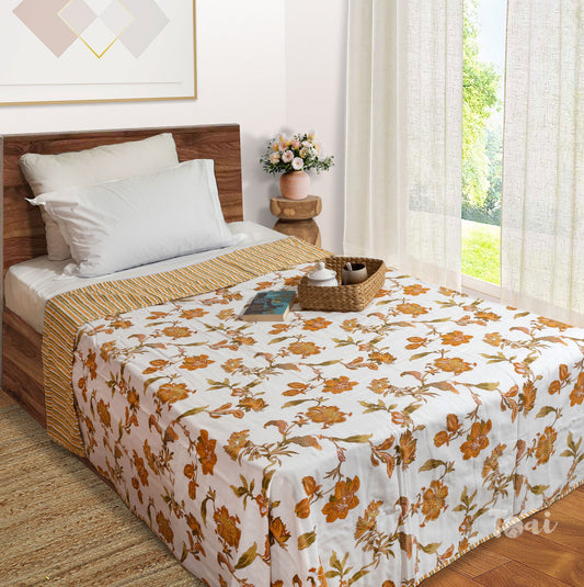 Yellow Flowers on White | Jaipuri Screen printed| Single Dohar | Premium Mulmul Cotton | Reversible
