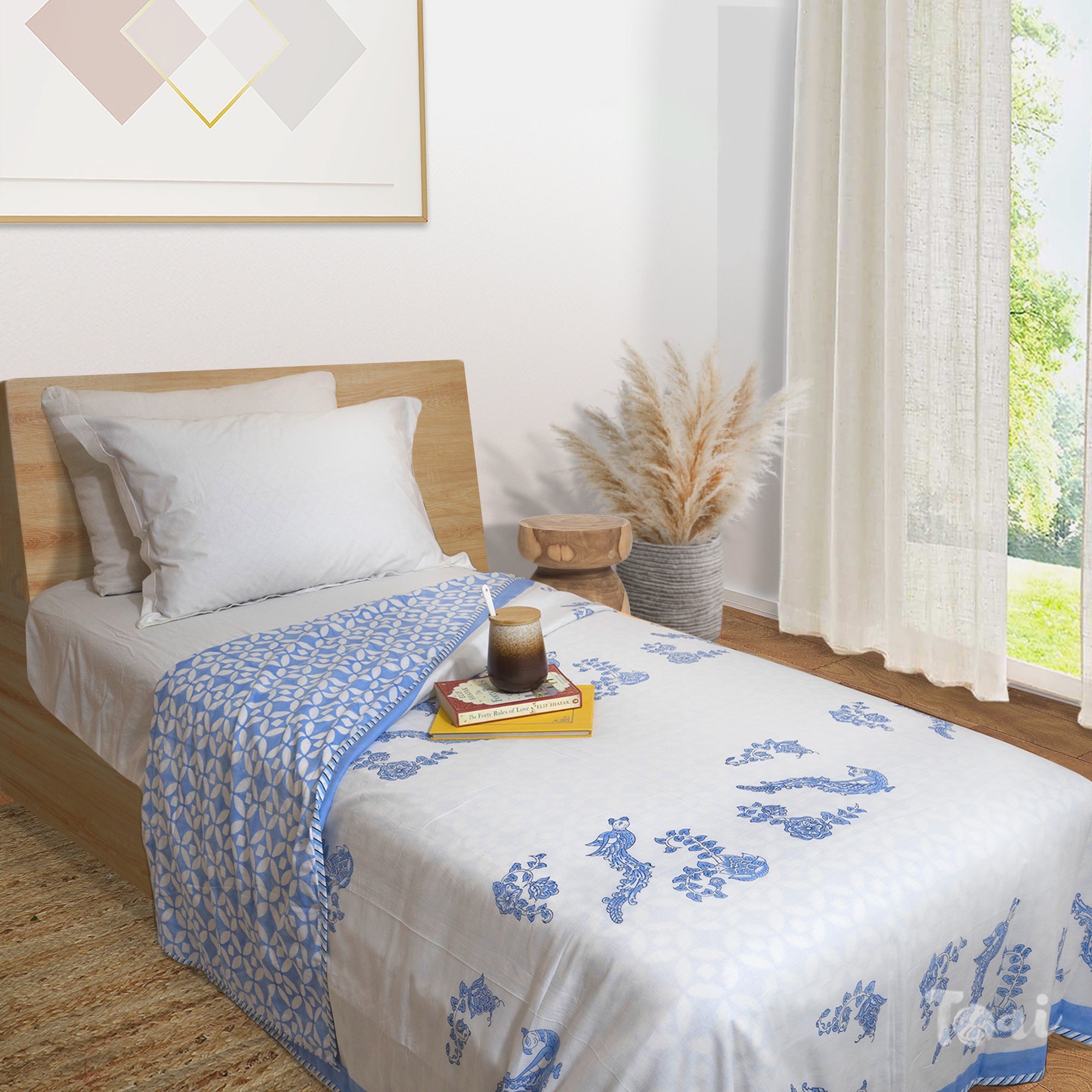 Blue Kalamkari Bird | Dohar | Summer Blanket