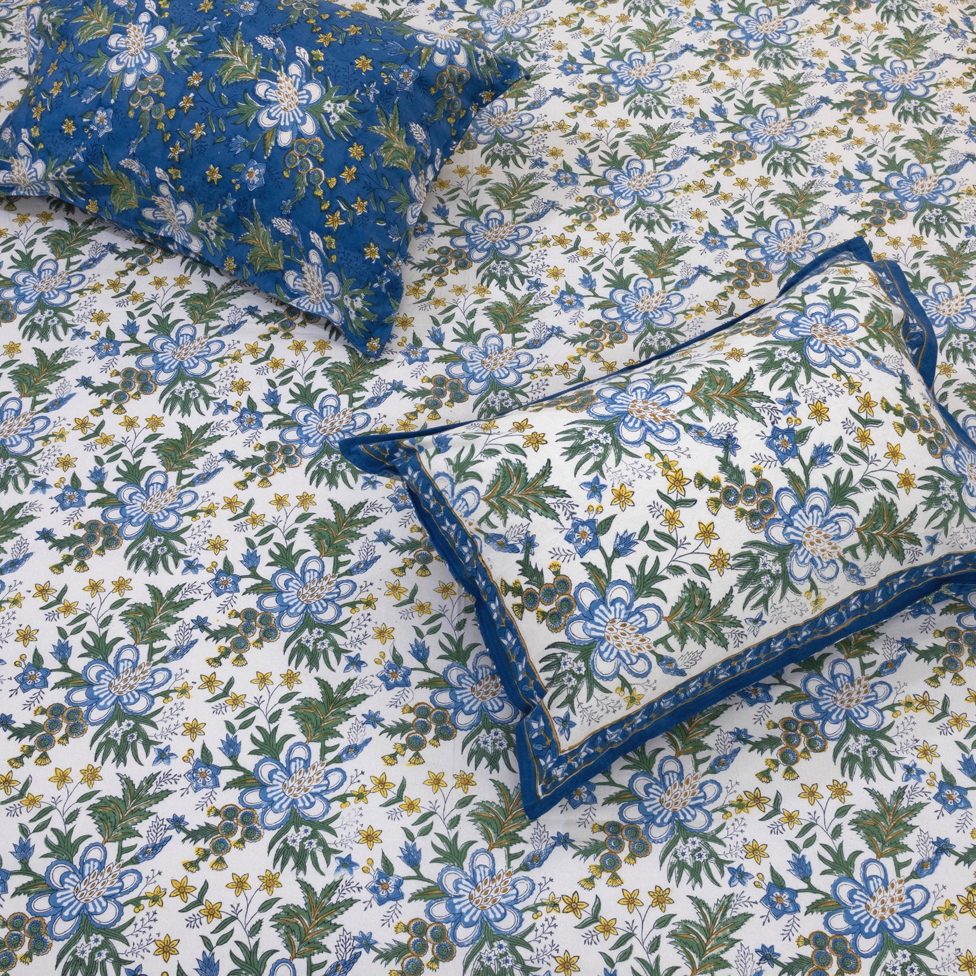 Blue Green Motives On White  | Fine Quality Bedsheet