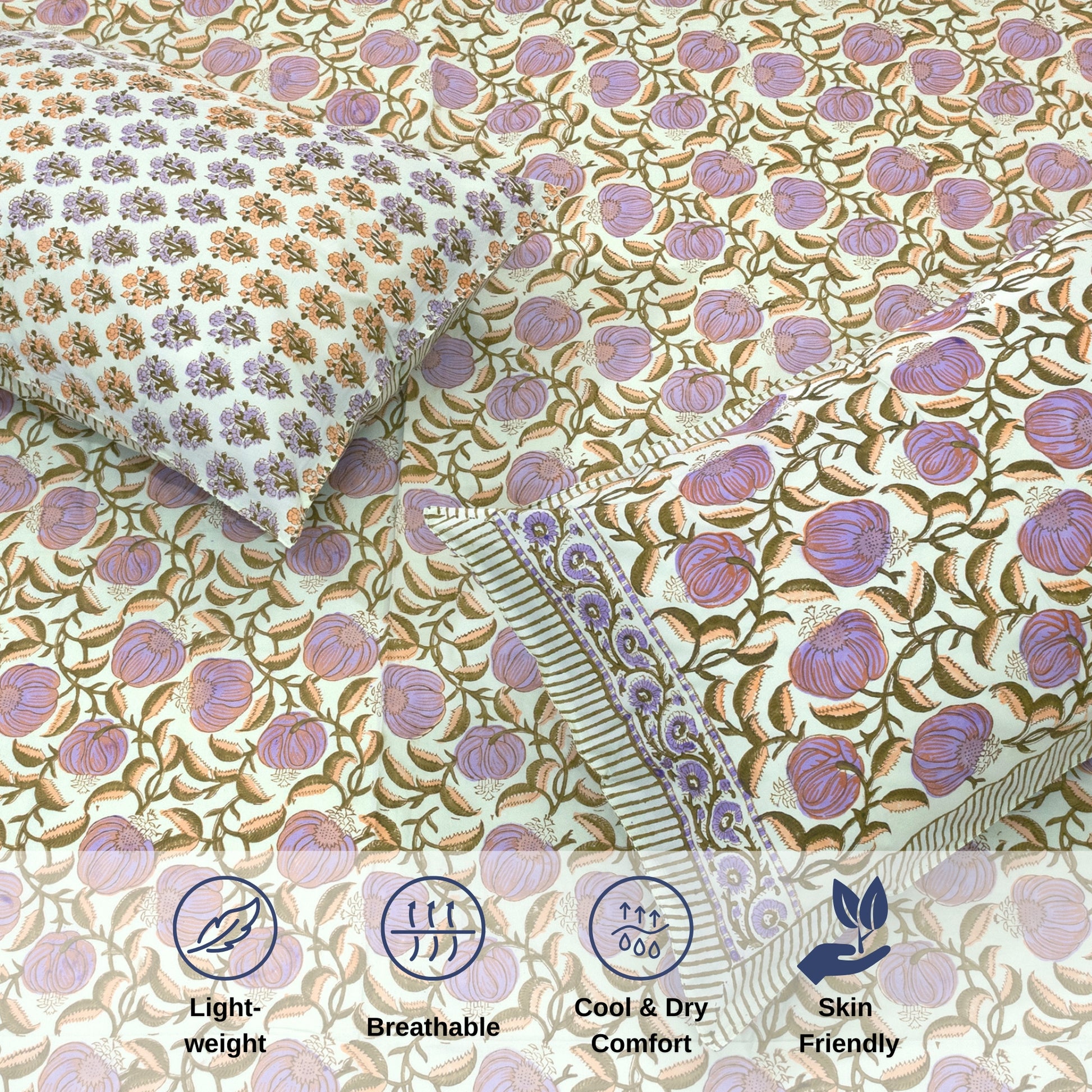 Round Florals On Green   - Reversible Pillow Covers double bedsheet