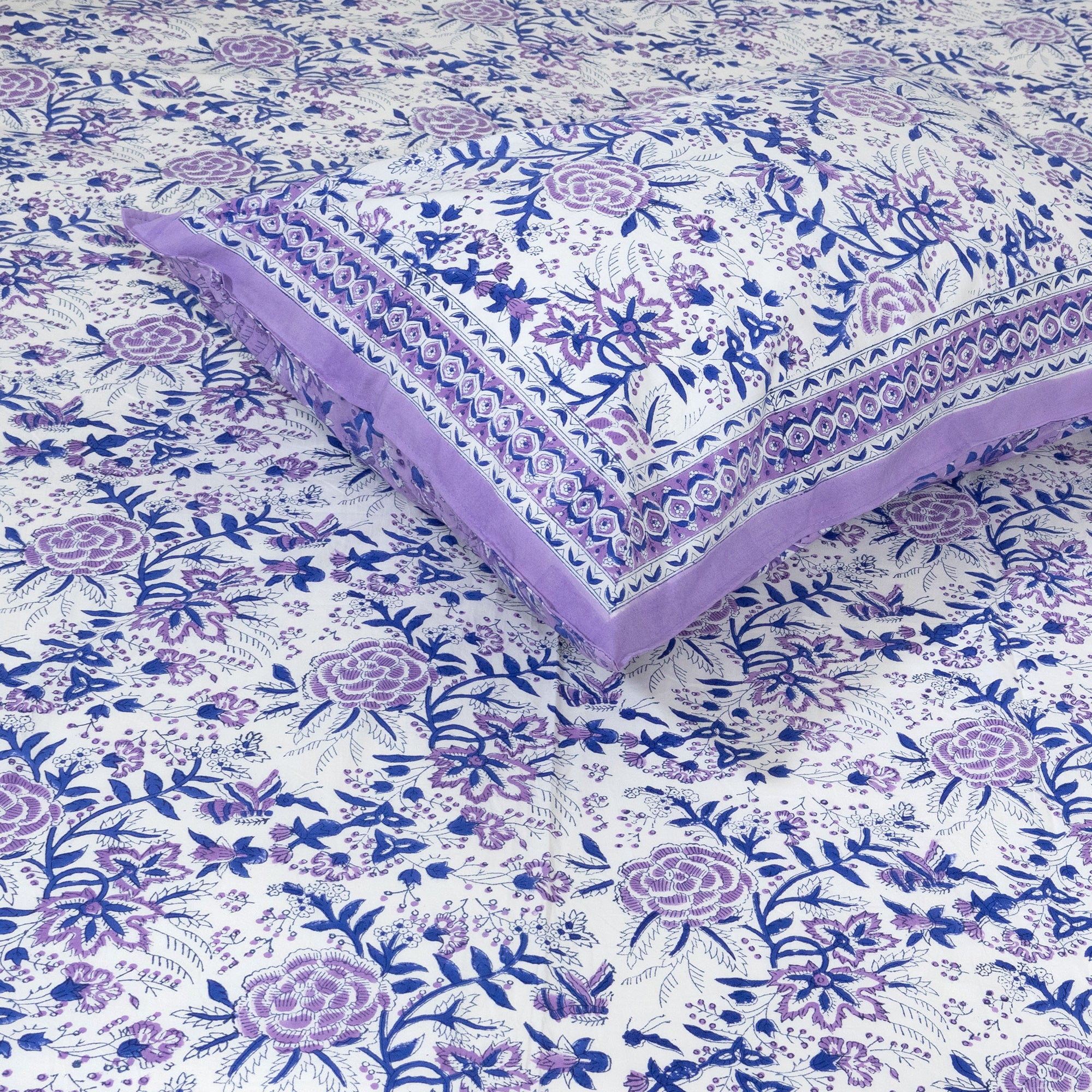 Jaipur Floral Print White Lavender Garden| Premium Bedsheet