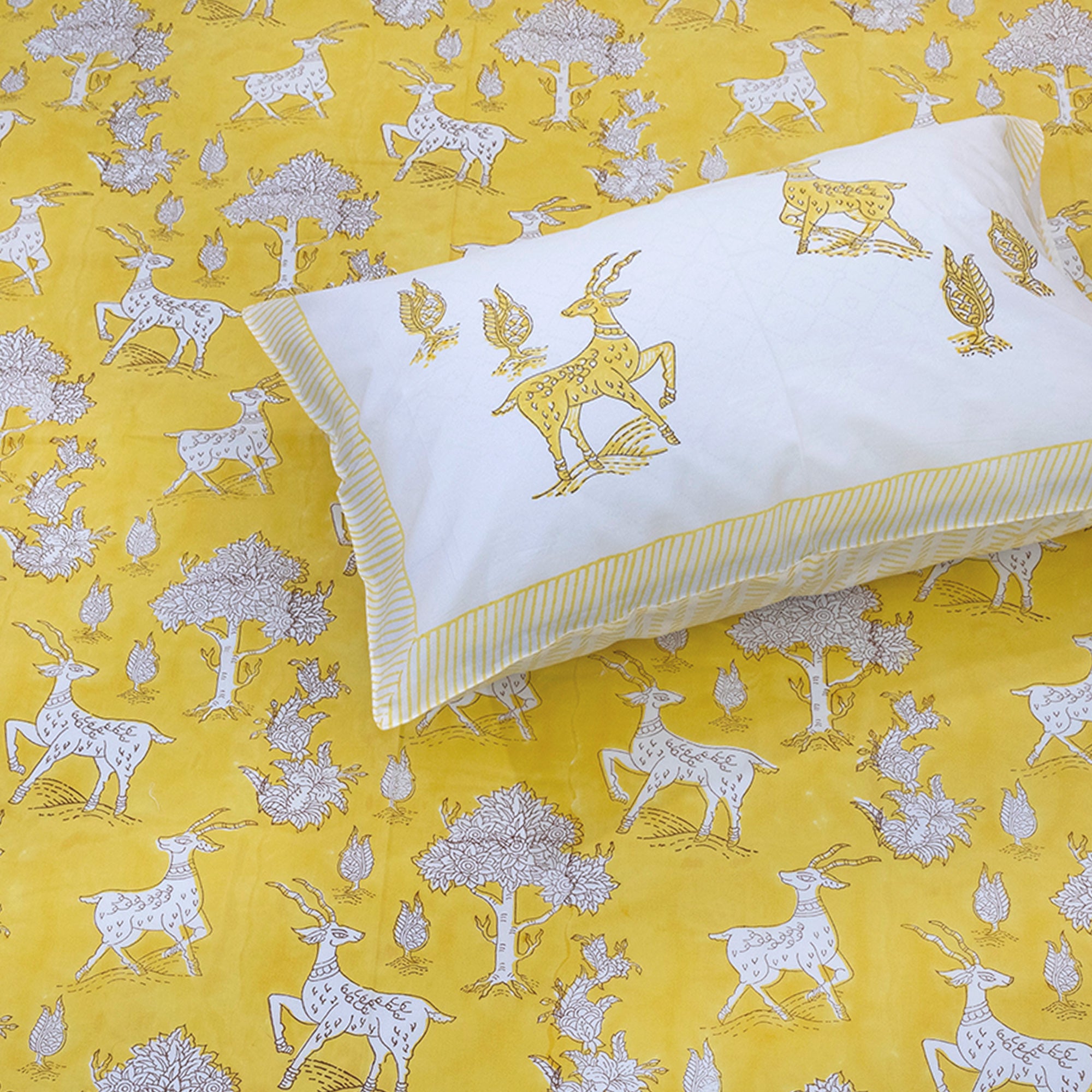 Yellow Deer Kalamkari | Premium Bedsheet