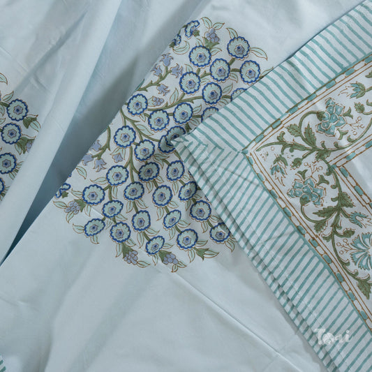 Blue Bouquet On Blue Motives |hand block printed bedsheet| Double bed: Queen size, King Size | 300 TC Premium Pure Cotton| Complementing pillow covers