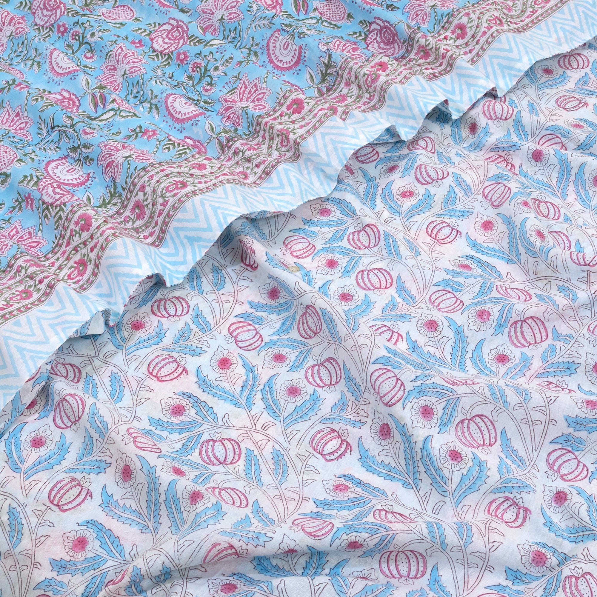 Pink Florals on Blue | Quilt Duvet Cover with Pillow Covers