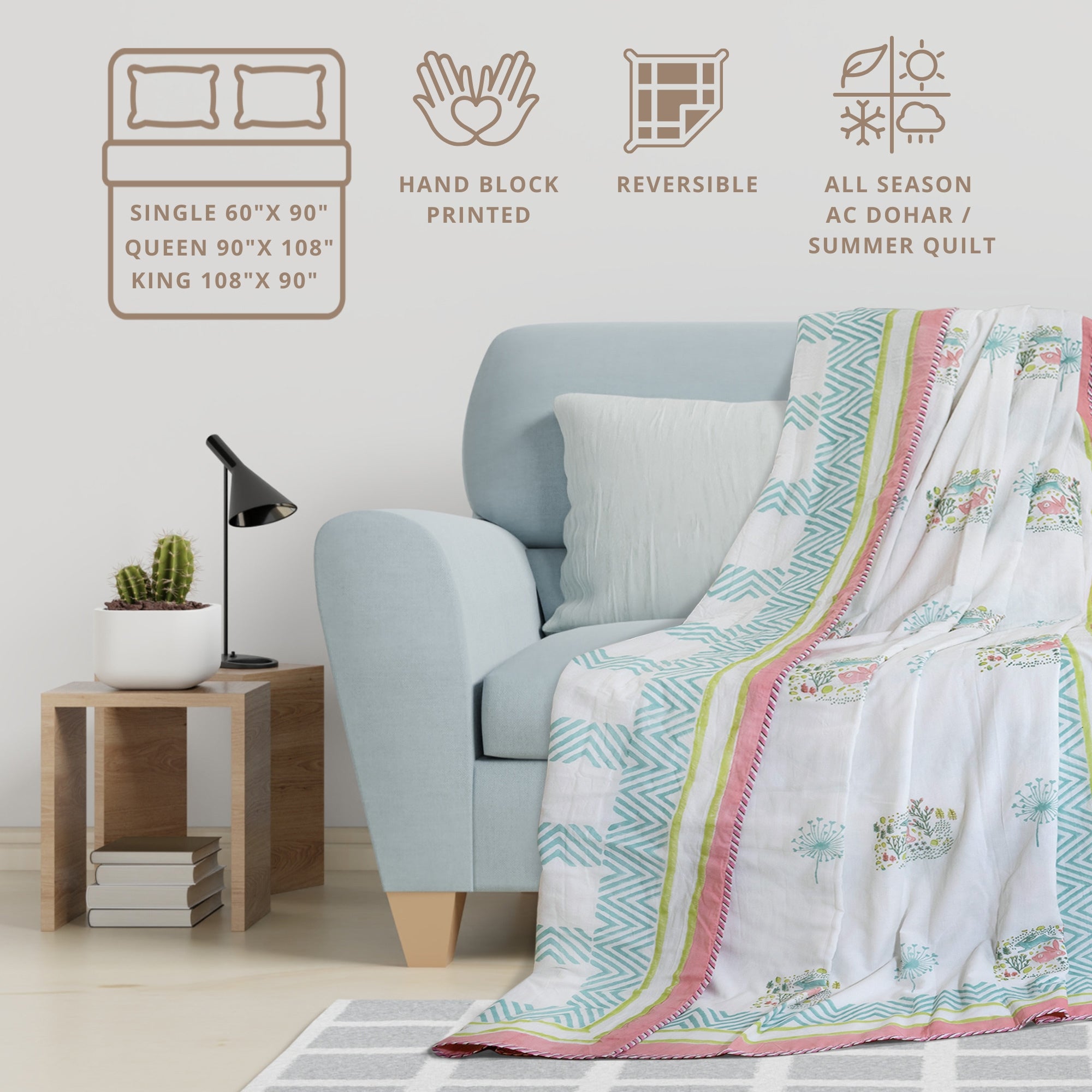 Bunny White Green Pink | Dohar | Summer Blanket