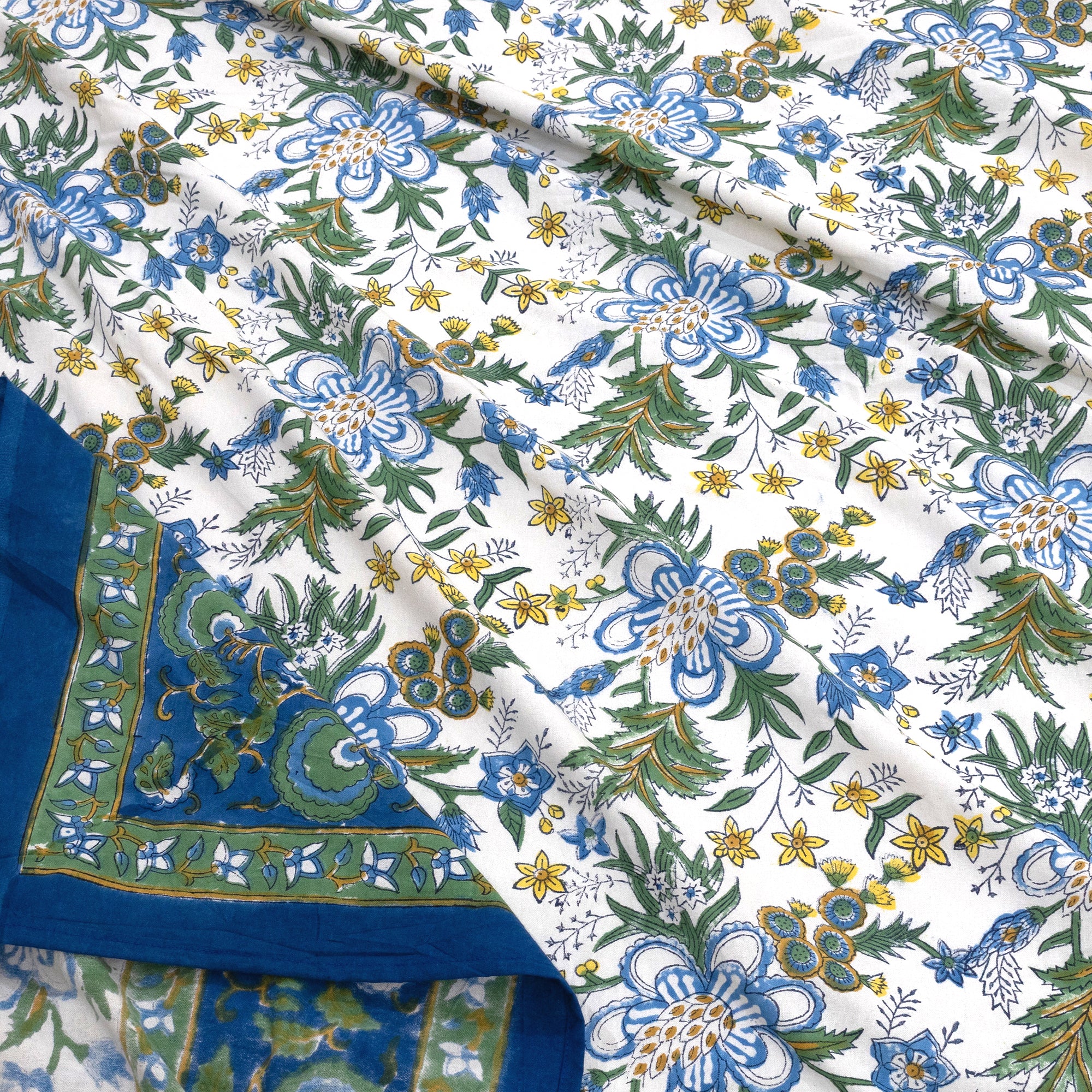 Blue Green Motives On White  | Fine Quality Bedsheet