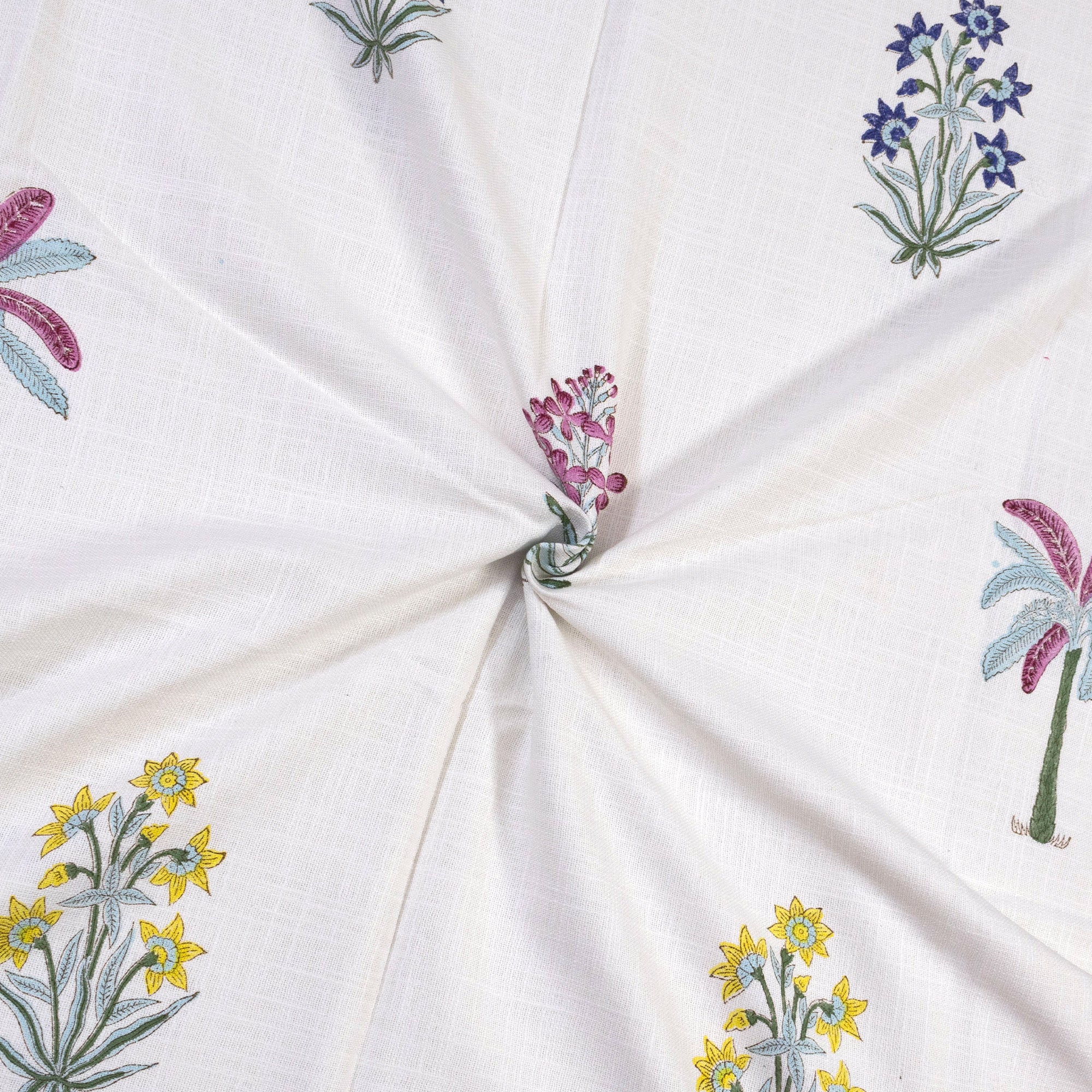 Floral White  | MultiColor Florals | Pure Cotton Slub | Linen Texture