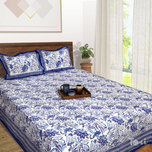 Royal Blue, Purple Florals on White |hand block printed bedsheet| Double bed ,Queen size | 210 TC Pure Cotton| Complementing pillow covers