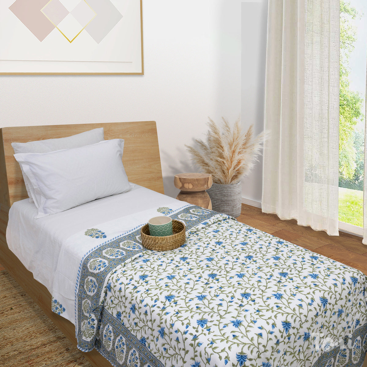 White Blue Florals | Dohar | Summer Blanket