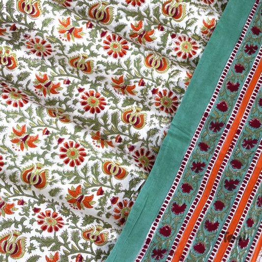 Orange, Red and Green florals on White |hand block printed bedsheet| Double bed ,Queen size | 210 TC Pure Cotton| Complementing pillow covers