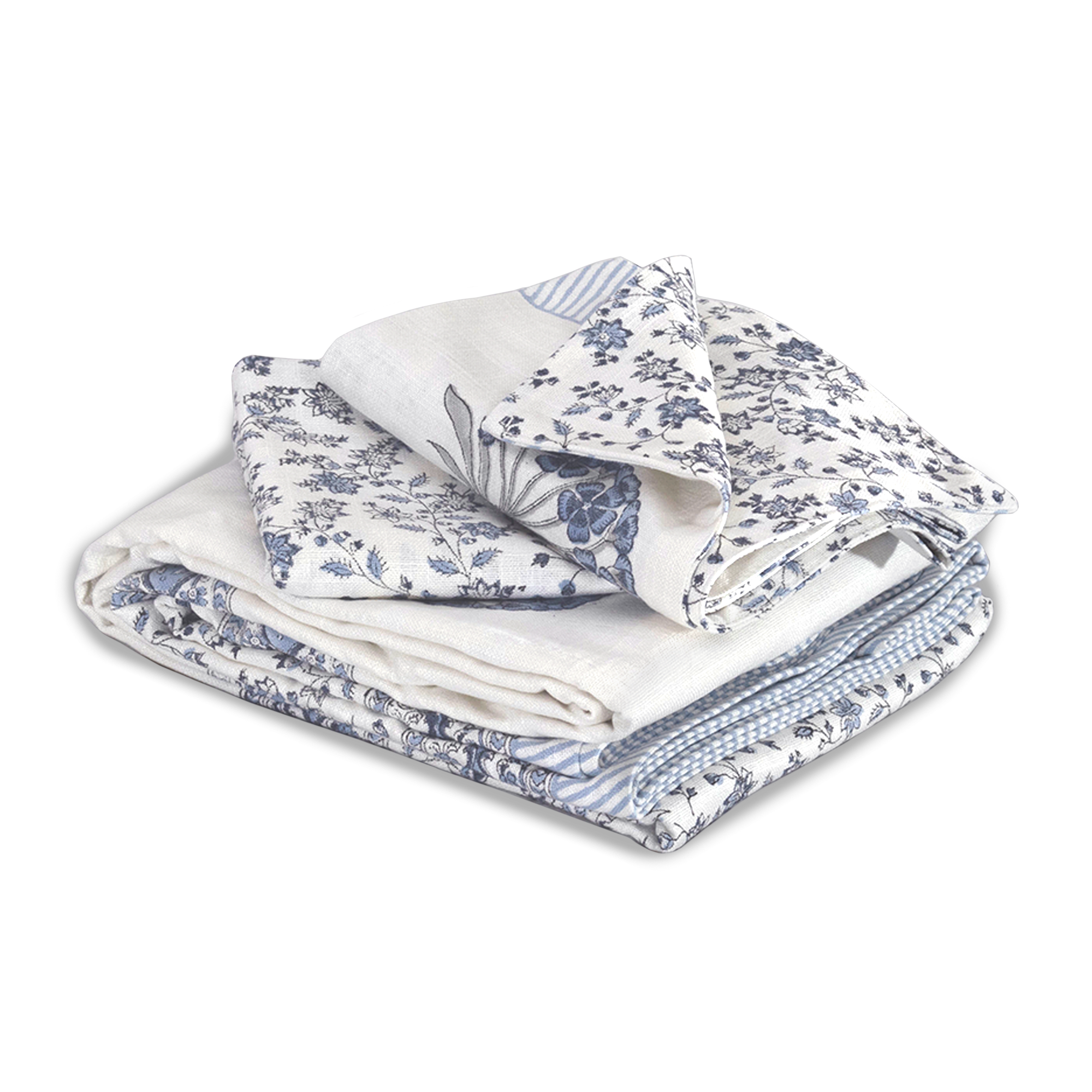 Blue Grey White | MultiColor Florals | Pure Cotton Slub | Linen Texture