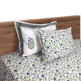 Small Blue and green flowers on White |hand block printed bedsheet| Double bed ,King size | 210 TC Pure Cotton| Complementing pillow covers