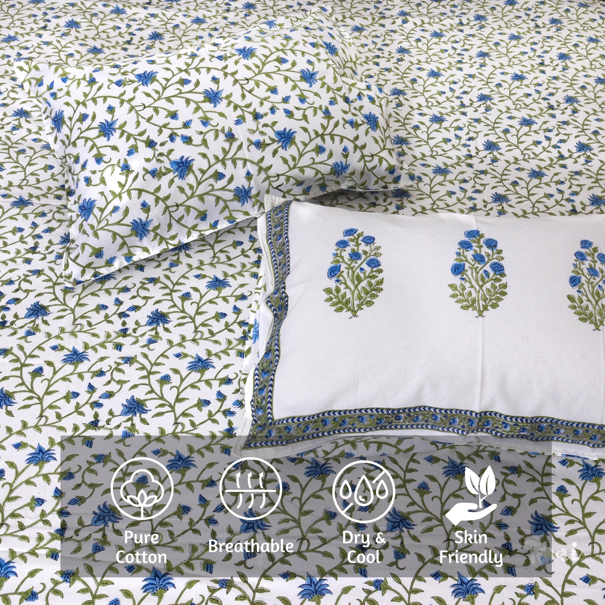 White Blue Florals  - Reversible Pillow Covers with bed sheet