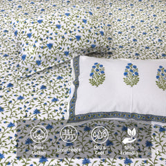 White Blue Florals  | 210TC Pure Cotton