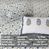 Small Blue and green flowers on White |hand block printed bedsheet| Double bed ,King size | 210 TC Pure Cotton| Complementing pillow covers