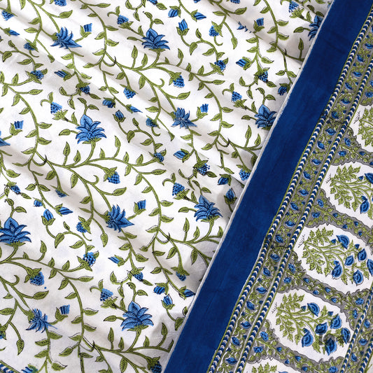 Small Blue and green flowers on White |hand block printed bedsheet| Double bed ,King size | 210 TC Pure Cotton| Complementing pillow covers