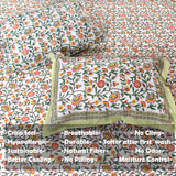 Small Flower vines on White |hand block printed bedsheet| Double bed ,Queen size | 210 TC Pure Cotton| Complementing pillow covers